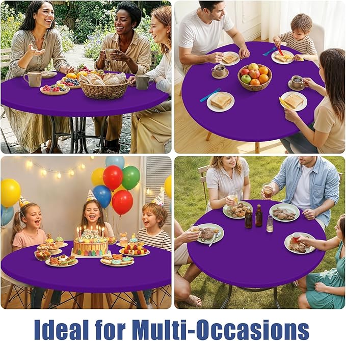 Round Spandex Tablecloth, Elastic Fitted Waterproof Tablecloths for 57"-68" Tables, Stretch Washable Picnic Table Cover for Camping, Dining, Indoor and Outdoor, Purple