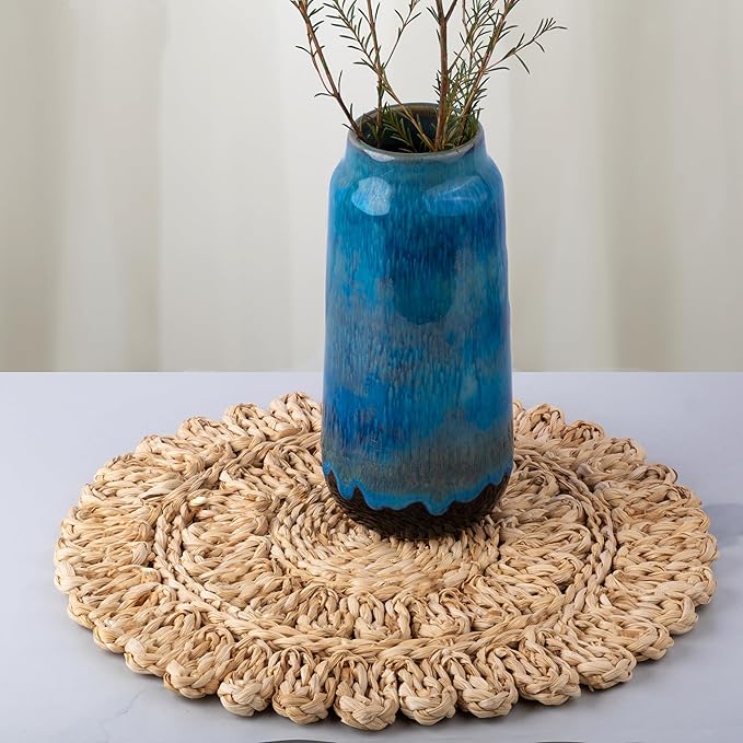 11.8" Corn Husk Woven Round Placemats Set of 4 - Wicker Boho Farmhouse Placemats - Rattan Table Mats Like Water Hyacinth for Dining Table, Wedding, Home