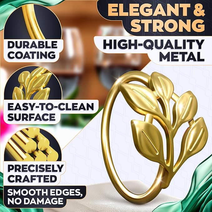 Gold Napkin Rings Set of 20 - Valentine Napkin Rings Fits Various Napkins Styles, Elegant Gold Leaf Design for Dinner Parties, Special Events, Holidays & Valentine Table Decor, as Gifts for Hosts