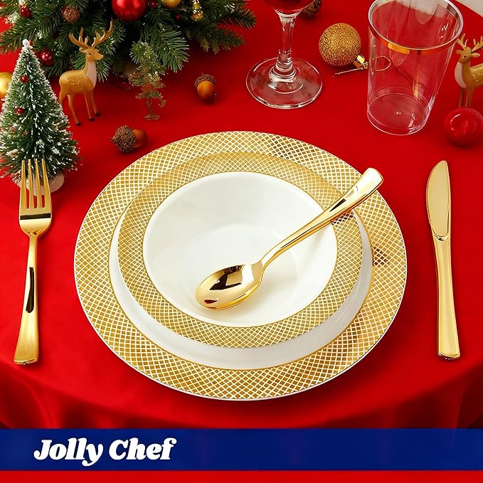 JOLLY CHEF 100 Disposable Plastic Bowls, 12oz Heavy Duty Disposable Dinner Bowls, Dessert Bowls with Gold Rim for Party, Dinners, Catering, Thanksgiving and Everyday Use