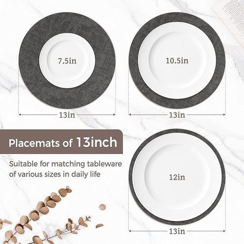 13"Round Placemats Set of 6, Reversible Faux Leather Heat Resistant Table Mats, 100% Waterproof Oilproof Wipeable Table Protective Placemats for Vinyl, Washable for Indoor & Outdoor Use (6, Deep Gray)