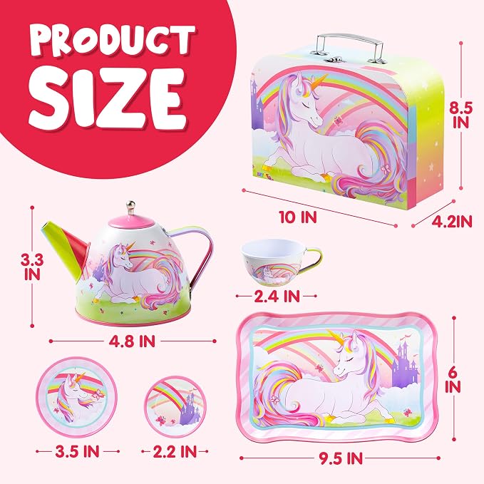 JOYIN Unicorn Tea Party Set for Little Girls, Pretend Pink Tin Teapot Set - Image 7