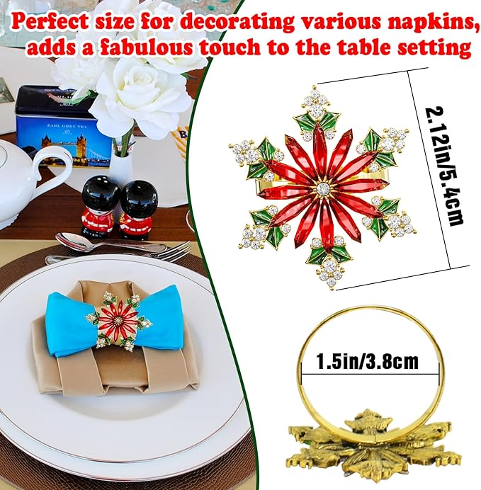 ZeeDix Christmas Crystal Snowflake Napkin Rings Set of 12- Rustic Dinner Tables Setting Decoration for Wedding Receptions, Christmas Holiday Party Dinner Parties