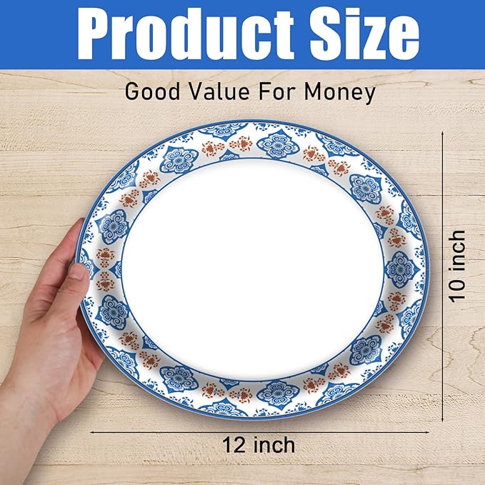 50Pcs Blue Floral Oval Plates 10"x 12", Large Disposable Paper Plates, Heavy Duty Flower Plate Tableware for Family Gathering, Dinner Time, Birthday, Wedding, Holiday Party Serving Supplies