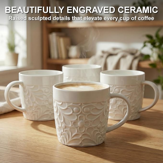 25DOL 16 oz Ceramic Coffee Mugs Set of 4 – Embossed Nature-Inspired Design - Image 2