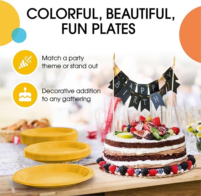 Party Solids Yellow Plastic Plates For Party 10" Yellow Disposable Plates Heavy Duty 100 Pcs Plastic Dinnerware Sets Heavy Duty 350 GSM Disposable Dinnerware Set