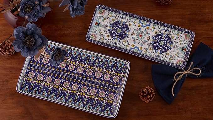 Bico Mandala Kaleidoscope Ceramic 14 inch Rectangular Serving Platter, Set of 2, for Serving Salad, Pasta, Cheese, Ham, Appetizer, Microwave & Dishwasher Safe