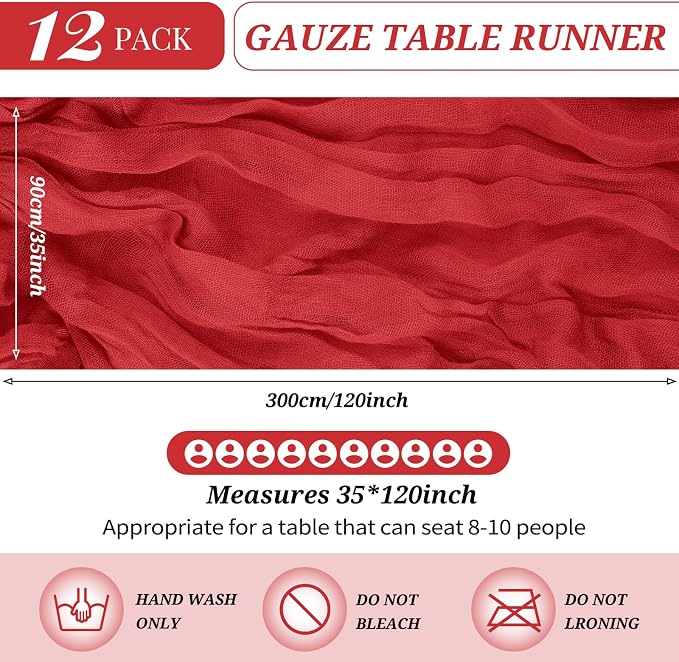 YMHPRIDE 12 Pack Cheesecloth Table Runner 35x120in Red Table Runner | Boho - Image 2