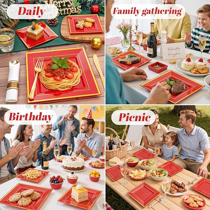 Liacere 100PCS Red and Gold Square Plastic Plates-50PCS Heavy Duty 9.5inch Disposable Dinner Plates and 50PCS 6inch Red Dessert Plate - Gold Plastic Plate for Party&Wedding&Valentine's Day