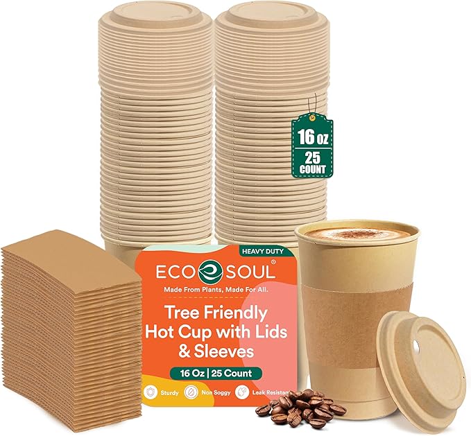 ECO SOUL 25 Pack 16 oz Disposable Coffee Cups with Lids & Sleeves Eco-Friendly, Biodegradable, Compostable, Leak-free & Sturdy To Go Hot Drink Cup for Tea, Chocolate Party Travel Cafe Office & Home