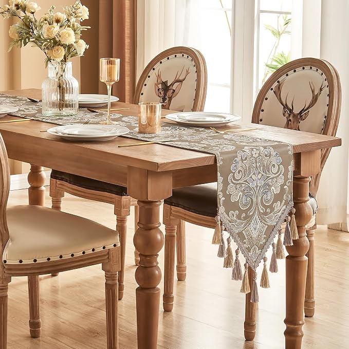 Loom and Mill Damask Floral Table Runner 72 Inches Long, Light Coffee | Luxury - Image 3