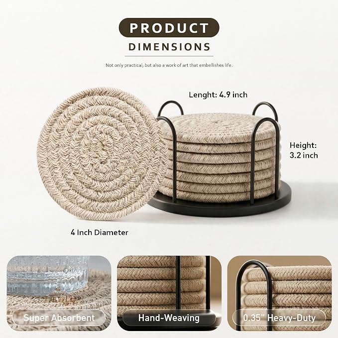 Lazebox Coasters Set of 8 for Drinks, 4 Inch Large Coasters for Coffee Table - Image 4