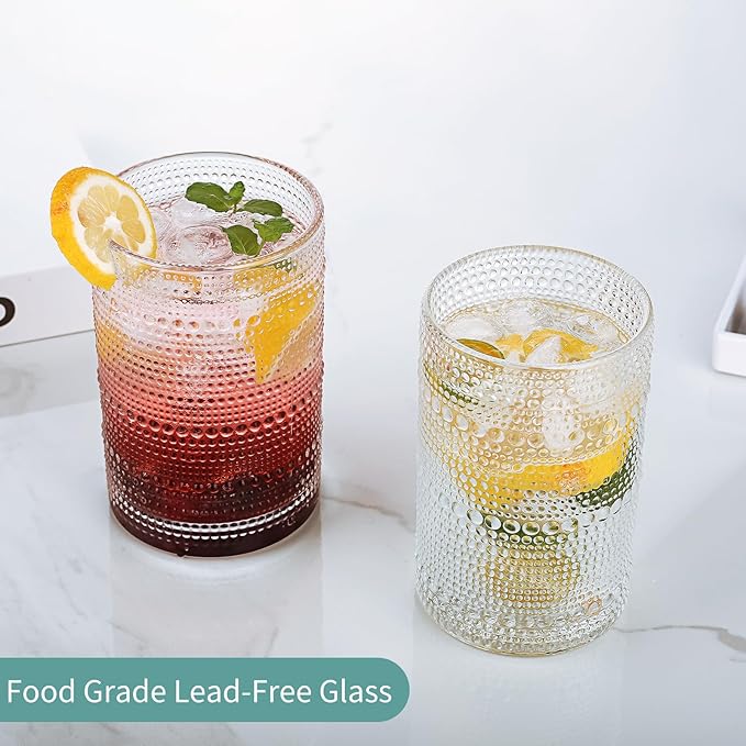 Hobnail Drinking Glasses Set of 4, 16 Oz Vintage Embossed Glass Cup Kitchen Glassware Water Tumblers for Cocktails, Beer, Juice, Whiskey