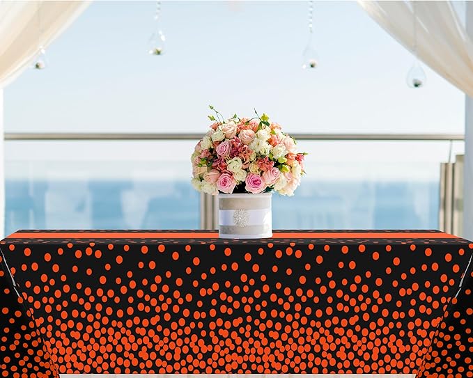 Oudain 6 Pcs Black and Orange Tablecloth for Parties Plastic Dot Tablecloths Printed Table Runner Waterproof Disposable Rectangle Table Cover for Christmas Birthday Wedding Party, 54" x 108"