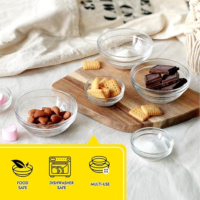 Etolies 20 pack Mini Glass Prep Pinch Bowls,3.5 Inch(4oz) Clear Small Glass Bowls Set of 12 pack and 2.3 Inch(1oz) 8 pack, Serving Bowls Stackable for Kitchen Prep, Dips,Cooking Toppings,Condiments.