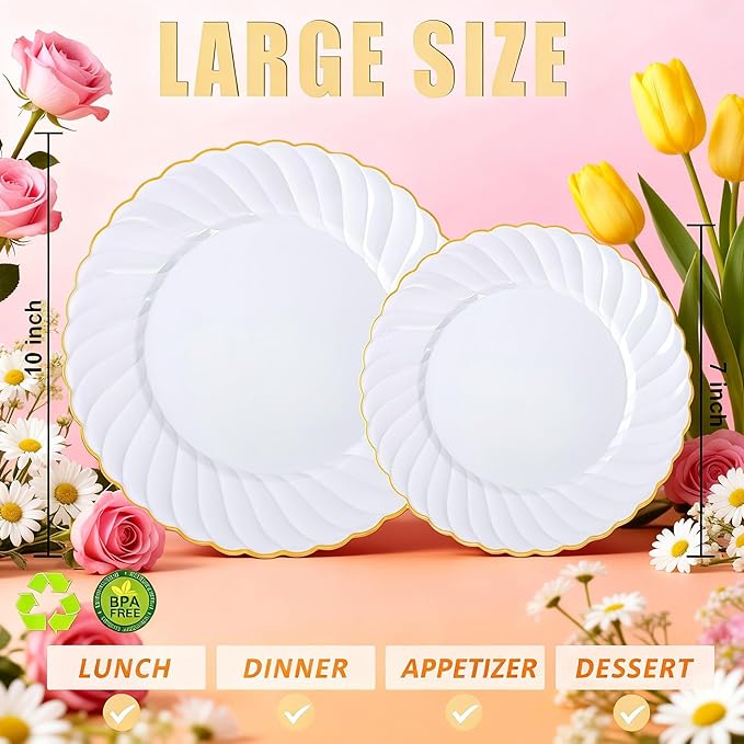 U-QE 60 Pcs White Plastic Plates with Gold Rim – Fancy Scalloped Plates Disposable - Premium Hard Plastic Plates Include 30 10" Dinner & 30 7" Dessert Plate for Party & Valentines Day