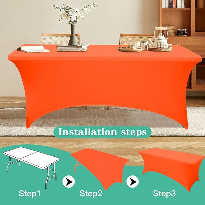 6Pack 8FT Table Cloth for Rectangular Fitted Events Stretch Orange Table Covers Washable Spandex Tablecloth Protector for Party, Wedding, Cocktail, Banquet, Festival