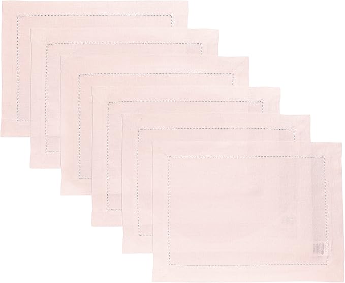 Solino Home Linen Cloth Placemats Set of 6-100% Pure Linen Hemstitch Pink Placemats 14 x 19 Inch - Classic Hemstitch Table Place Mats for Valentines, Spring, Easter