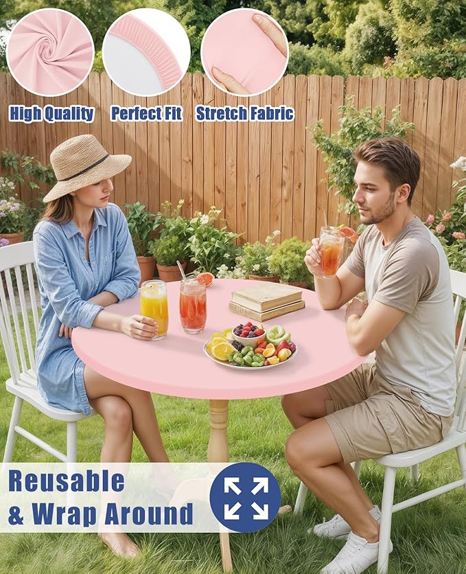 Round Spandex Valentines Day Tablecloth, Elastic Fitted Waterproof Tablecloths for 18"-24" Tables, Stretch Washable Picnic Table Cover for Camping, Dining, Indoor and Outdoor, Pink