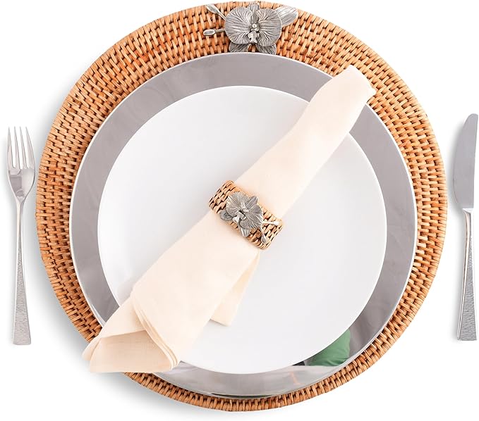 Vagabond House Round Wicker Placemats with Pewter Orchid Accent, Set of 4, 15.5 Inches Diameter - Hand-Woven Rattan, Elegant and Durable, Perfect for Enhancing Table Decor and Protection