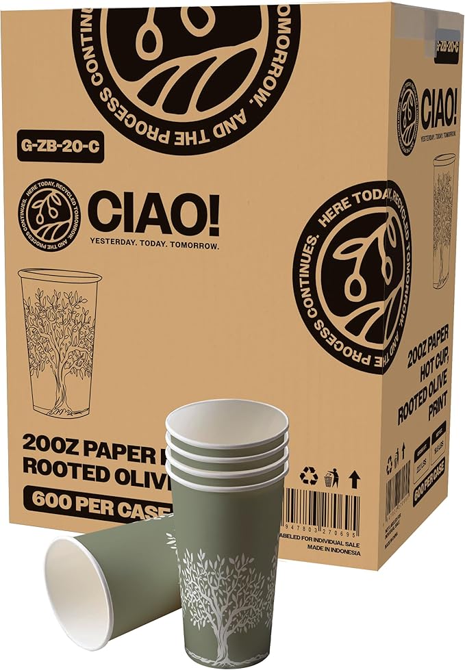 CIAO! 20oz Paper Hot Cup, Rooted Olive Print, (Case of 600)