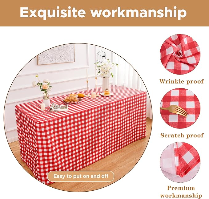 HolidayIdeas 2 Pack Checkered Fitted Table Clothes - 48 x 24 Inch - Rectangle Spring Tablecloths for 4 Foot Tables, Buffalo Plaid Table Covers for Party, Picnic, Trade Show (Red and White)