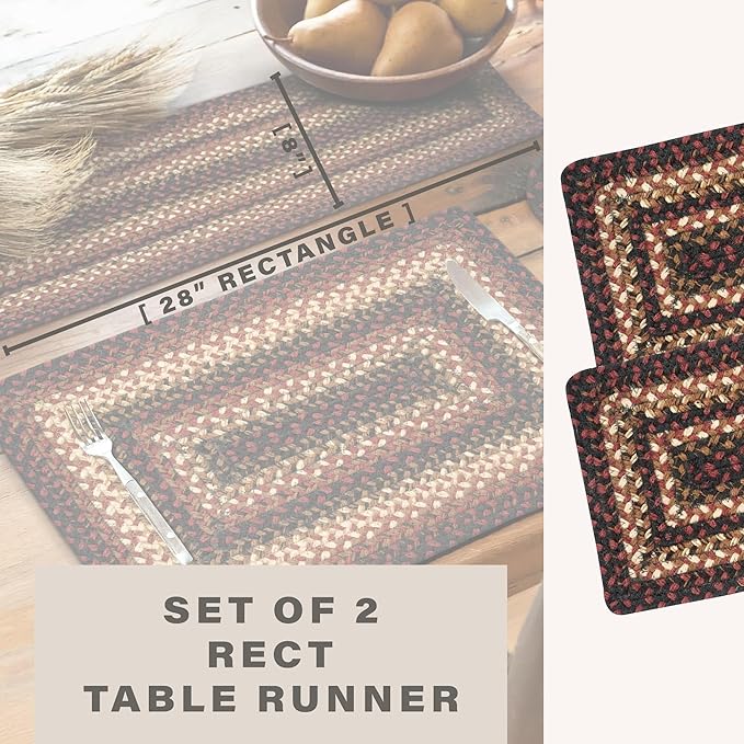 Homespice Prescott Jute Braided Dinner Table Runner, Warm Primitive Decor, Set of 2, Black and Red Rectangle 8x28 - Rich Colors, Easy to Clean, Durable and Protects Furniture