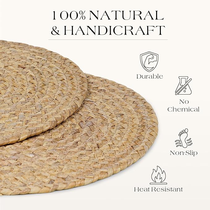 12” Woven Round Placemats Set of 4, Natural Water Hyacinth Braided Table Mats with 4 Wood Bead Napkin Rings, Washable Boho Farmhouse Rattan Place Mats for Home, Outdoor, Table Decor, Dinning, Wedding