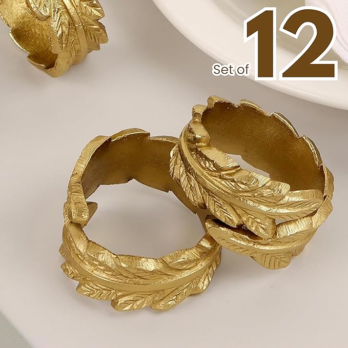 CLEENTABLE Gold Leaf Napkin Rings Set of 12 - Round Metal Napkin Holders for Dining Table Settings - Elegant Leaf Design for Weddings, Parties, Holiday Décor, Family Dinners & Special Occasions