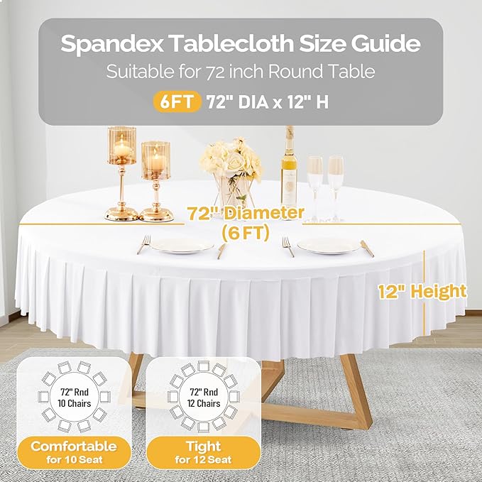 2 Pack White Spandex Round Tablecloths for 72in Tables, Stretchy Fitted 6FT Round Table Cloths, Wrinkle Free Table Cover with Skirt for Wedding Birthday Party Bridal Shower Banquet
