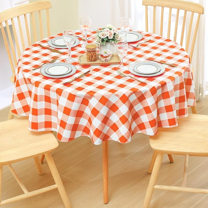 misaya Round Waterproof Vinyl Table Cloth, Buffalo Flannel Backed Tablecloth, Wipeable Plastic Table Cover for Dinner, Kitchen, Picnic (60", Orange and White)