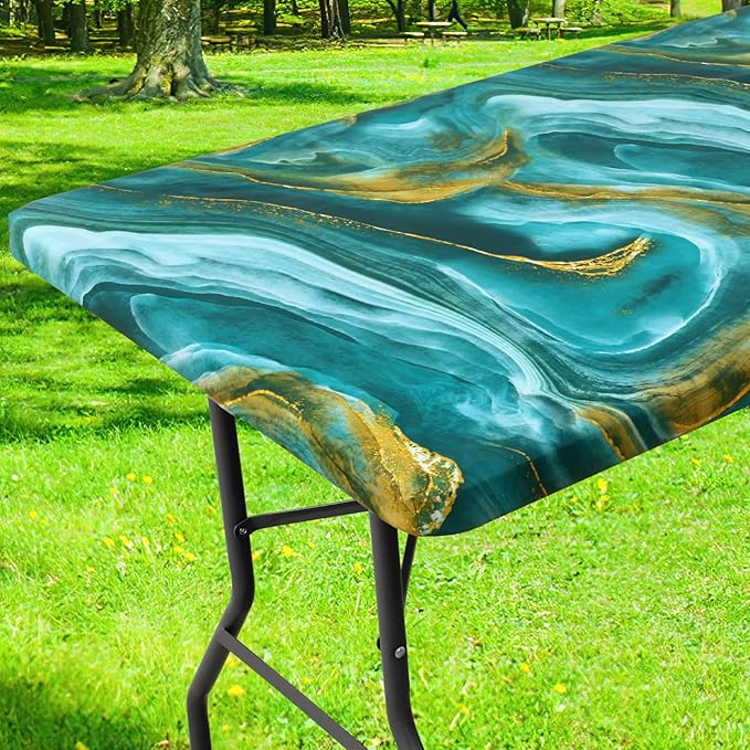 Smiry Rectangle Table Cloth Cover, Waterproof Elastic Fitted Picnic Tablecloth for 4 Foot Tables, Wipeable Flannel Backed Vinyl Tablecloths for Camping, Dining, Outdoor (Teal & Gold, 30" x 48")