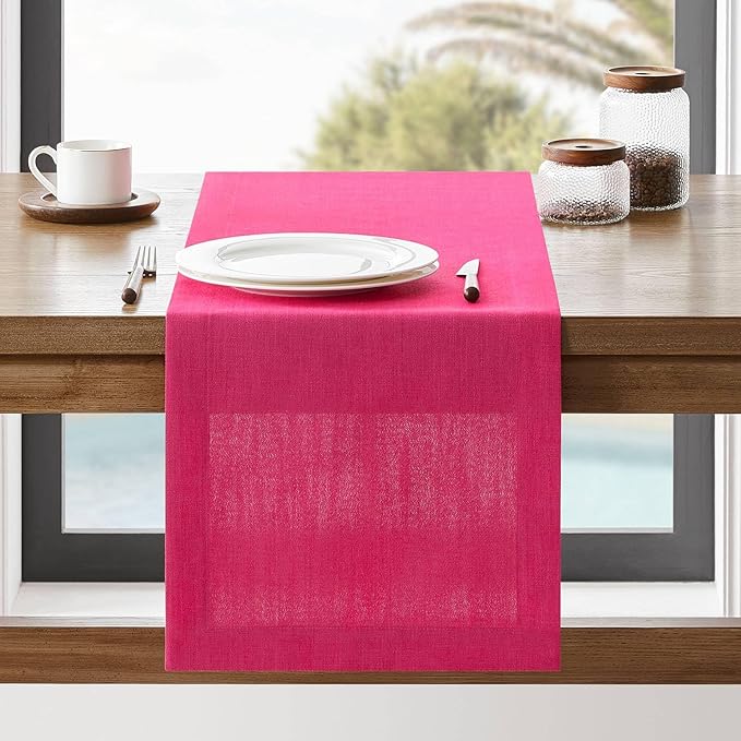 Linen Textured Border Table Runner, 14 x 90 Inch Hot Pink | Mitered Corner by ZEEMARTONLINE