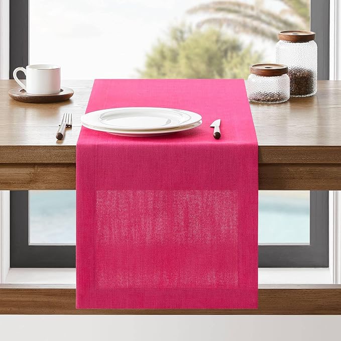 Linen Textured Border Table Runner, 14 x 60 Inch Hot Pink | Mitered Corner by ZEEMARTONLINE