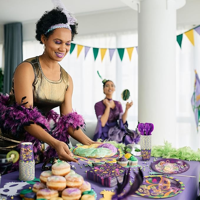 Kochorie 400 Pieces Mardi Gras Disposable Party Tableware Sets, Masquerade Table Decorations Including Plates Cups Napkins Cutlery Serves 50 for Carnival Birthday Mardi Gras Party Supplies