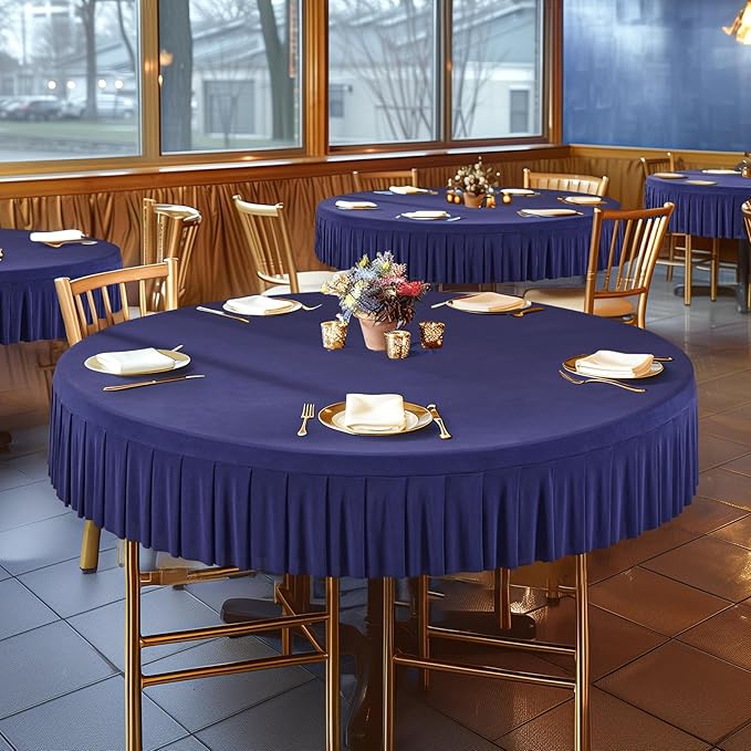 1 Pack Navy Blue Spandex Round Tablecloths for 60 inch Table, Stretchy Fitted 5FT Round Table Cloth with Skirt for Wedding Party Dining Banquet
