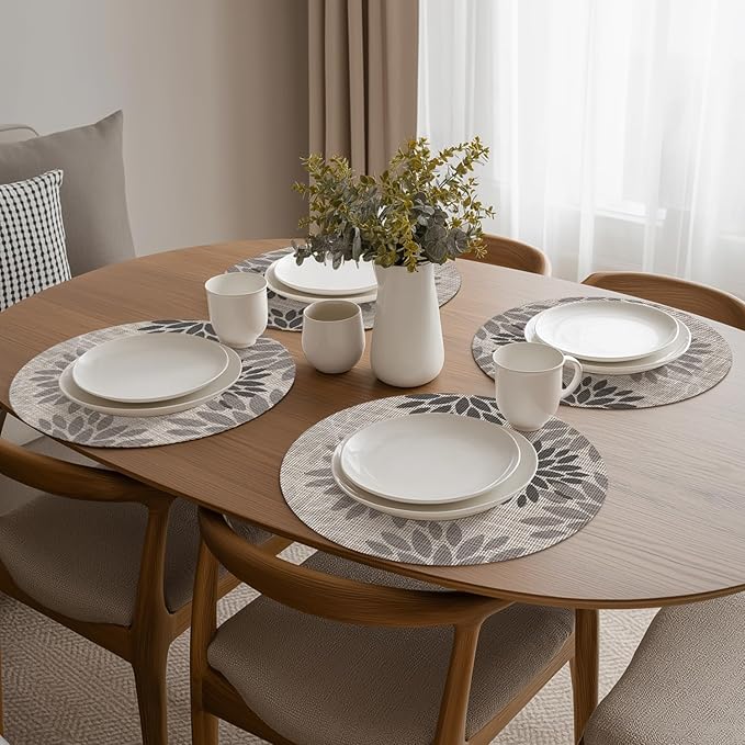 Artoid Mode Gray Dahlia Plastic Round Placemats Set of 4, 14 Inch Seasonal Wipeable Woven Vinyl Table Mats for Farmhouse Party Kitchen Dining Decor