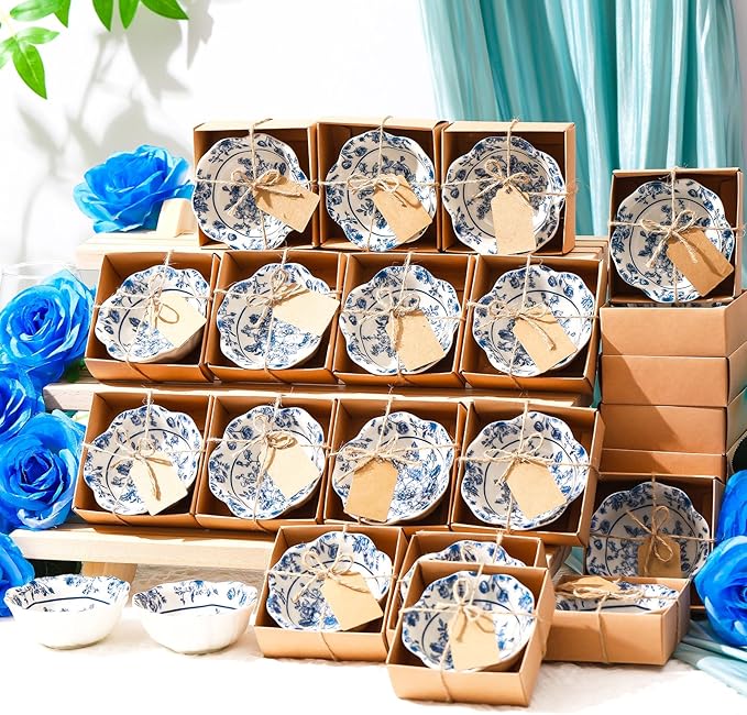 24 Pcs Wedding Favors for Guests Small Ceramic Bowl Bulk Gifts Set 3.3 Inch Floral Design Mini Dipping Sauce Dish with Card Box for Bridal Pooja Baby Shower Birthday Guest Gift (Blue)