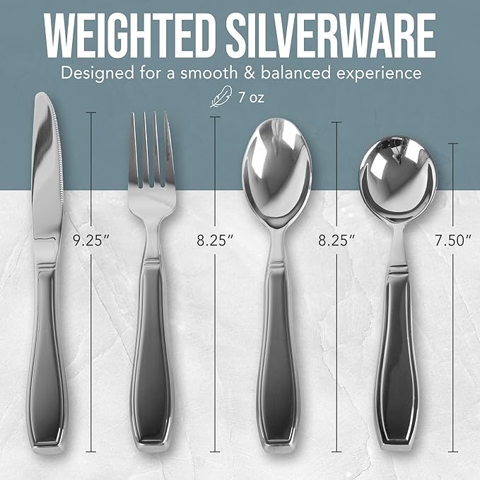 BUNMO Weighted Utensils for Hand Tremors – 4pc Adaptive Utensils for Elderly, Persons w/weak hands – Discreet Travel Wrap, Stainless Steel & Dishwasher Safe – Weighted Silverware Set