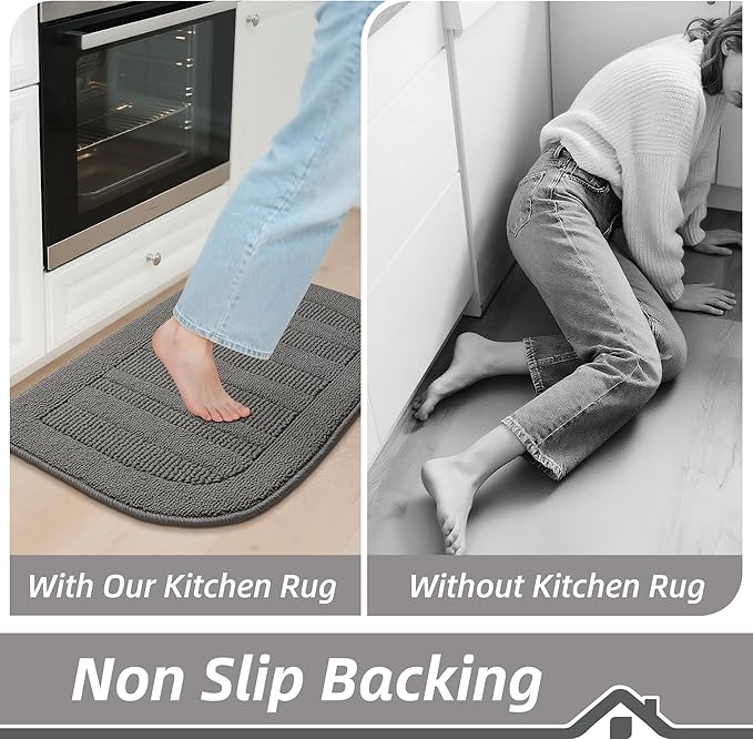 BEQHAUSE 30x18 Inch Kitchen Rug Mat Durable Kitchen Rugs Non-Slip Washable Absorbent Kitchen Mats for Floor Dirt-Resistant Semicircular Kitchen Mat (Grey, 2PCS)