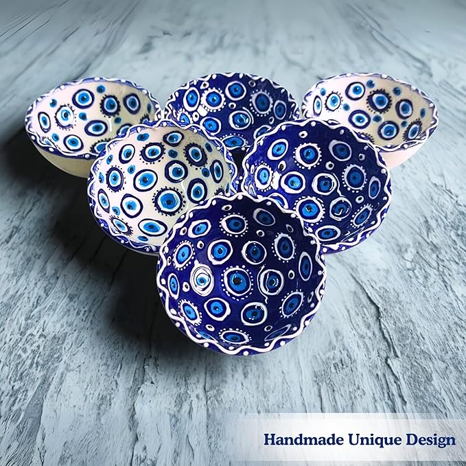 Handmade Decorative Turkish Ceramic Mini Pinch Bowls Set of 6 – Small Dipping & Serving Sauce Bowls, Charcuterie Accessories, Hand-Painted Evil Eye Pattern Snack Dishes for Kitchen & Table Decor