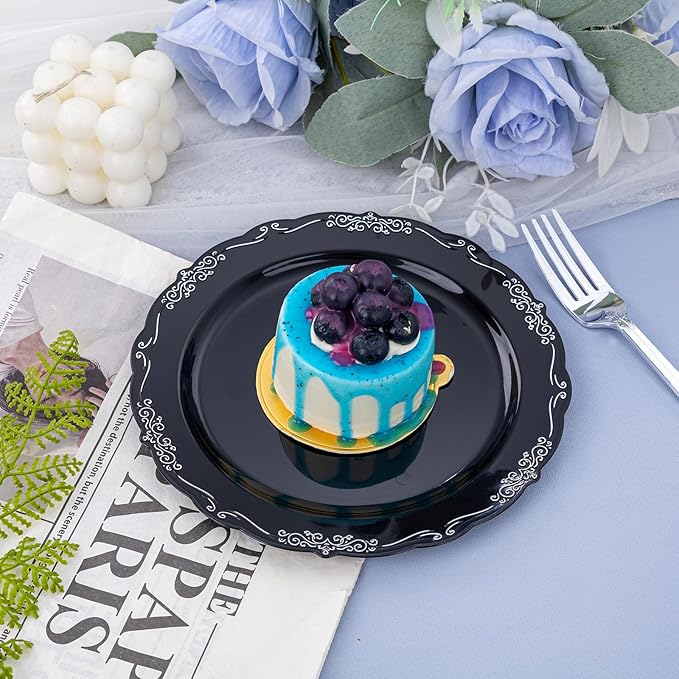 DaYammi 60PCS Black and Silver Plastic Plates, Heavy Duty Black and Silver Disposable Plates Premium 7.5 inch Dessert Cake Salad Appetizer Plate Hard Plastic Plate Disposable for Party Wedding