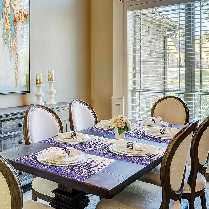 Placemats,Lavender Flower Placemats 12x18 Inch Waterproof Non-Slip Washable Table Mats for Kitchen Dining Party Table Decor,Set of 6