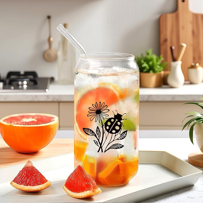 Cute Ladybugs Glass Cup With Lids And Straws, Ladybugs Gift For Women, Iced Coffee Cup, Iced, Coffee, Smoothie, Cocktail, Beer, Whiskey, Soda, Matcha,16 Oz, Home Office Table Desk Decoration!