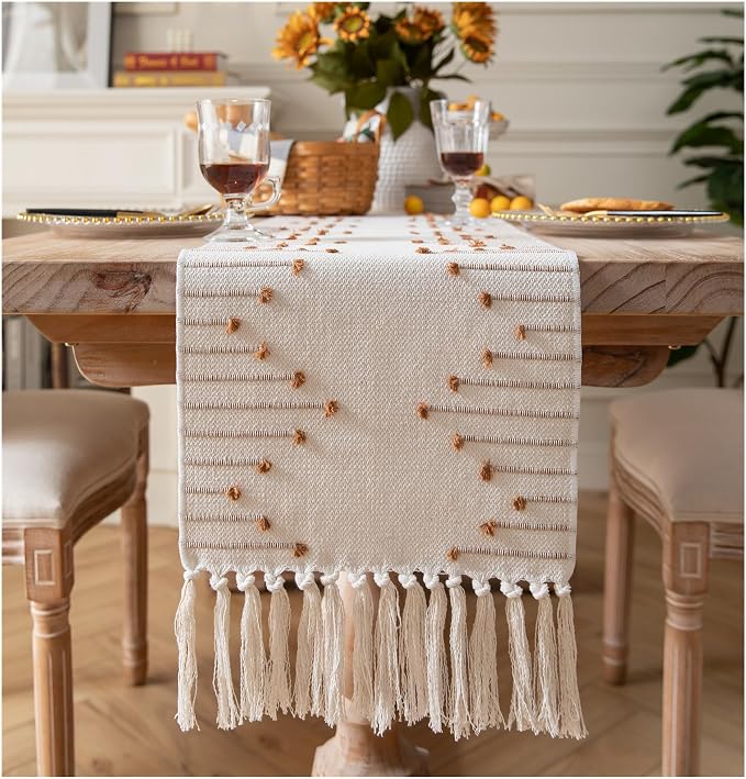Boho Table Runner 13 x 90 Inch Long Natural Cotton Woven Runner by Caflife