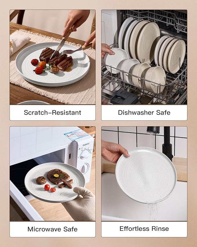 Stoneware Dinnerware Sets, Plate and Bowl Sets for 4, 12 Pieces Spiral Flared Dishware with Speckles and Reactive Glaze, Microwave Dishwasher Safe Family Tableware, White