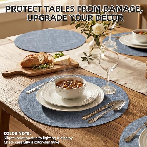 15 inch Faux Leather Round Placemats Set of 6 Non-Slip Washable Wipeable Table Mats, Heat Resistant Waterproof Oilproof Blue Place Mats for Kitchen, Dining, Party, Indoor, Outdoor