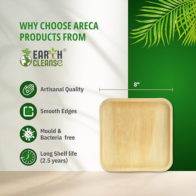 Palm Plates 10 Inch – Compostable Areca Leaf Square Plates (200 Count) | Biodegradable & Eco-Friendly | Like Bamboo Disposable Plates | Microwave & Oven Safe | USDA BioPreferred