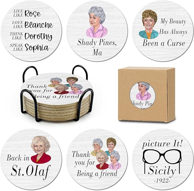 6 PCS Golden Girls Cork Coasters for Drinks,Golden Girls TV Show Merchandise,Funny Set with Coaster Holder,Golde Girl Kitchen Decor,Golde Girl TV Themed Coasters Gifts for Fans