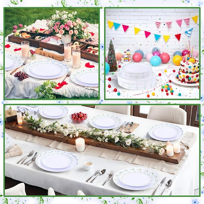 YOUBET 60PCS Blue and Green Floral Plastic Plates - Image 7